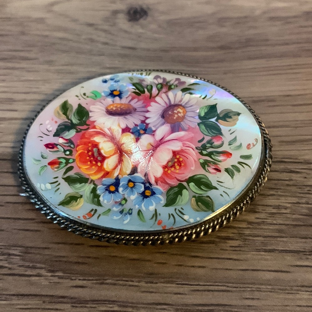 Russian vintage Hand painted floral Brooch